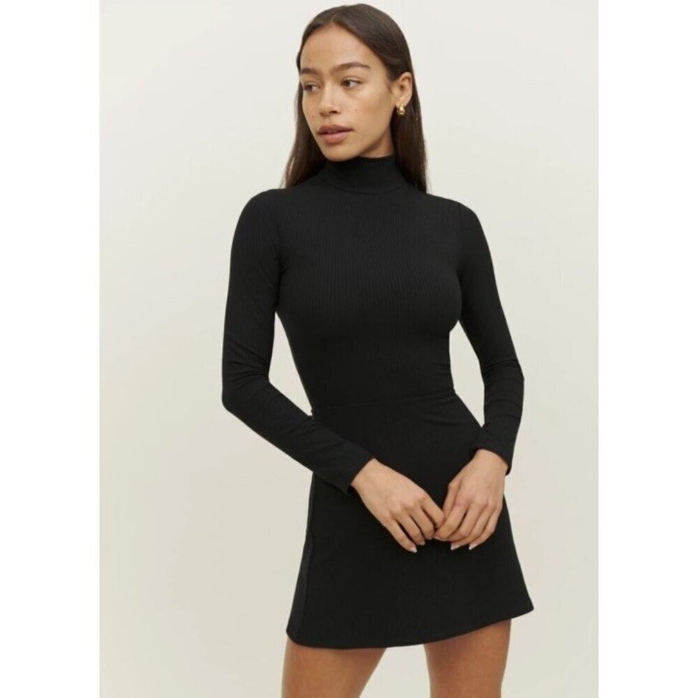REFORMATION Woman's Sz S Maya Black Ribbed Stretch Knit Long Sleeve Mini Dress